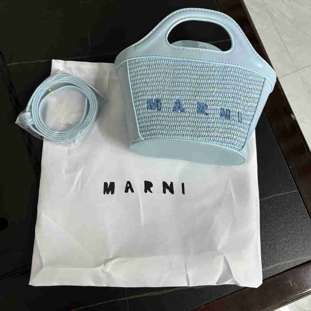 Marni Mini Light Blue Raffia Basket Tote